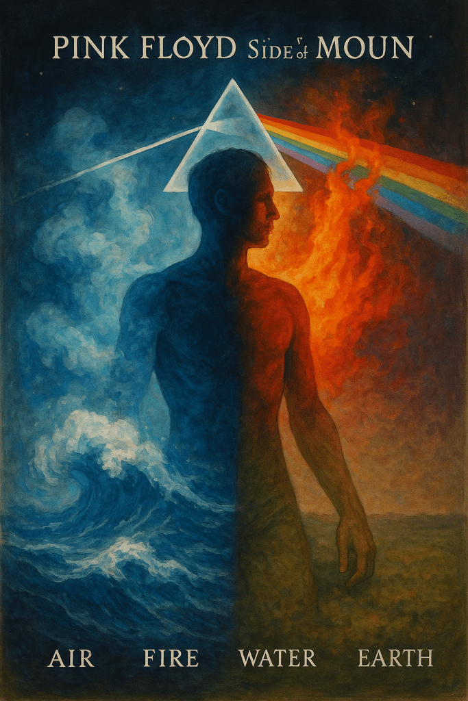Pink Floyd, Dark Side of the Moon, Concept Albums, Progressive Rock, Psychedelic Music, Album Analysis, Music Symbolism, Elemental Metaphysics, Air Fire Water Earth, Classical Elements, Elemental Journey, Esoteric Interpretation, Spiritual Symbolism, Alchemical Insight, Archetypes in Music, Consciousness, Human Experience, Spiritual Awakening, Life and Death, Modern Civilization, Inner Balance, Album Art, Metaphysical Illustration, Conceptual Imagery, Symbolic Art, The Daily Elemental, Elemental Decodings, Music Through the Elements, Sound & Soul Series
